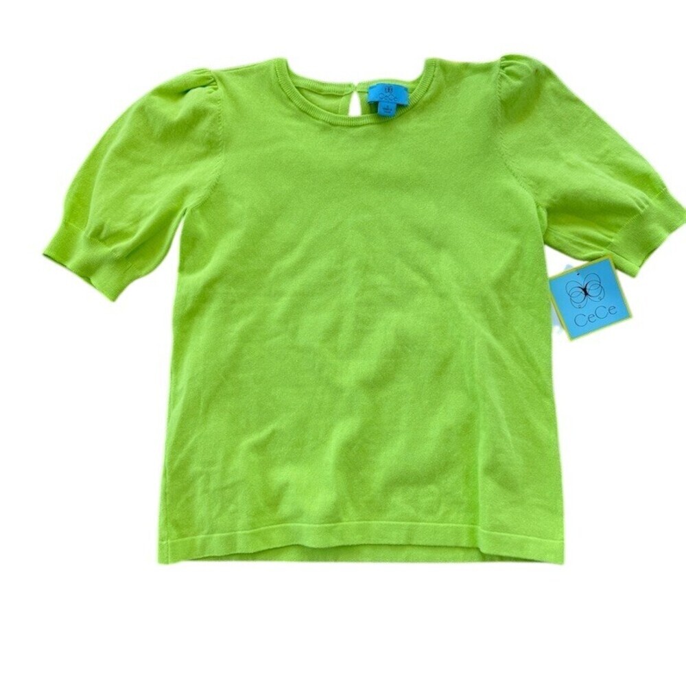 NWT CeCe Blouse Womens Size S Lime Green Puff Sleeve Lightweight Ribbed Knit Top